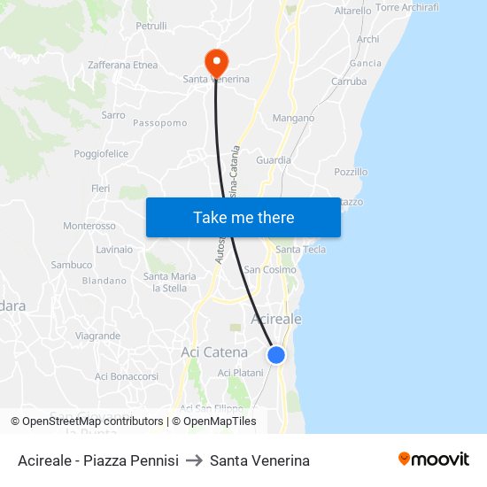 Acireale - Piazza Pennisi to Santa Venerina map