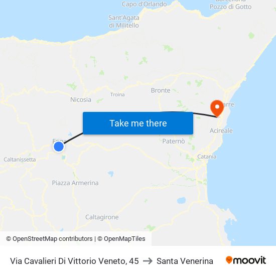 Via Cavalieri Di Vittorio Veneto, 45 to Santa Venerina map