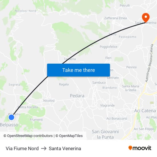 Via Fiume Nord to Santa Venerina map