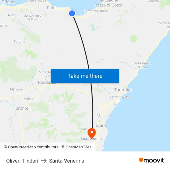Oliveri-Tindari to Santa Venerina map