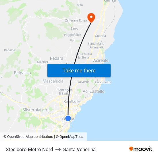 Stesicoro Metro Nord to Santa Venerina map