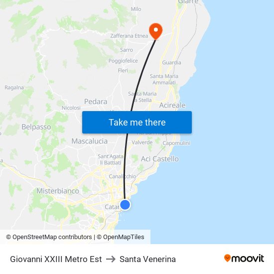 Giovanni XXIII Metro Est to Santa Venerina map