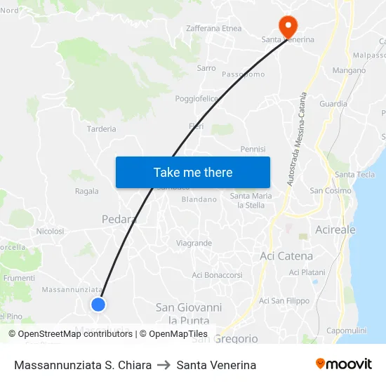 Massannunziata St. Chiara to Santa Venerina map