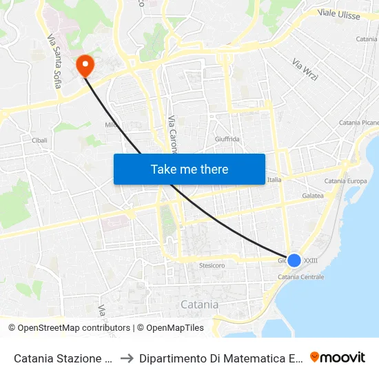 Catania Central Station to Department of Mathematics and Computer Science map
