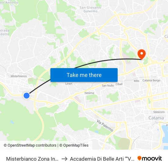 Misterbianco Zona Industriale to Accademia Di Belle Arti ""Villa Pantò"" map
