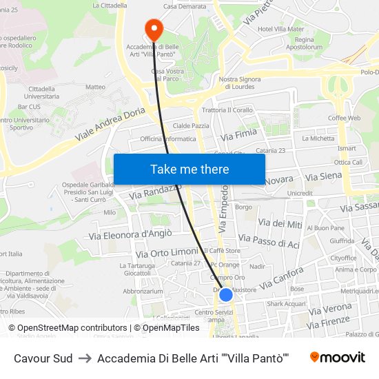 Cavour Sud to Accademia Di Belle Arti ""Villa Pantò"" map