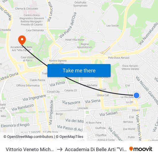 Vittorio Veneto Michelangelo to Accademia Di Belle Arti ""Villa Pantò"" map