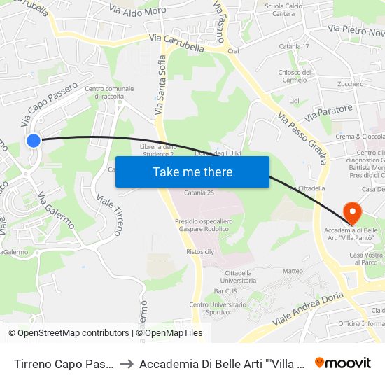 Tirreno Capo Passero to Accademia Di Belle Arti ""Villa Pantò"" map