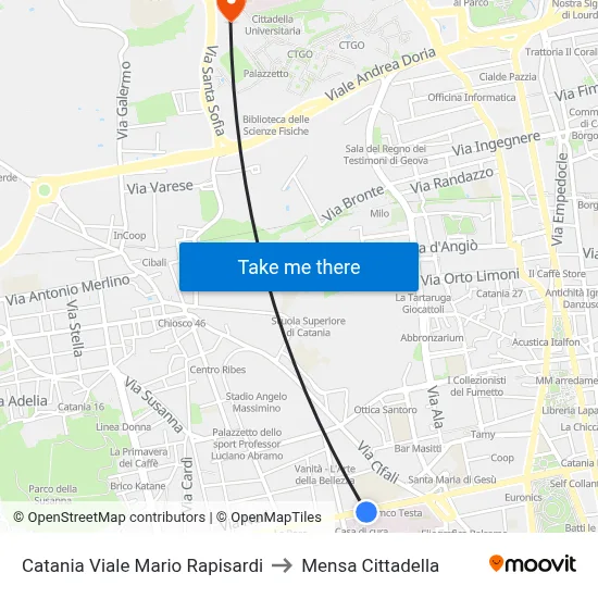 Catania Viale Mario Rapisardi to Cittadella Cafeteria map