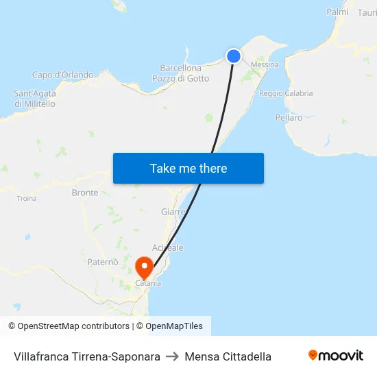 Villafranca Tirrena-Saponara to Cittadella Cafeteria map
