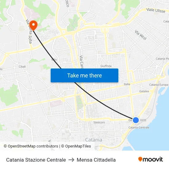 Catania Central Station to Cittadella Cafeteria map