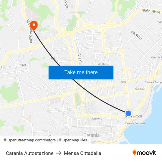 Catania Bus Station to Cittadella Cafeteria map