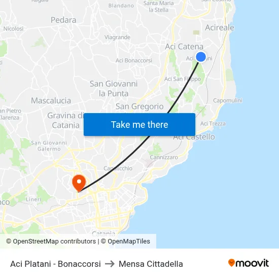 Aci Platani - Bonaccorsi to Cittadella Cafeteria map
