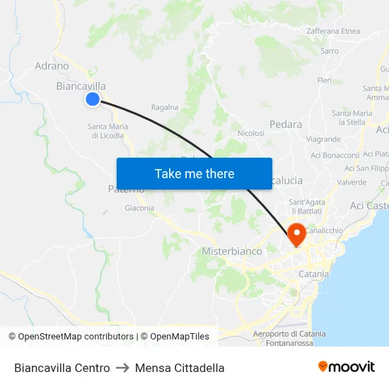 Biancavilla Center to Cittadella Cafeteria map