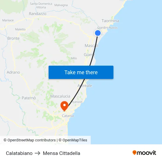Calatabiano to Mensa Cittadella map