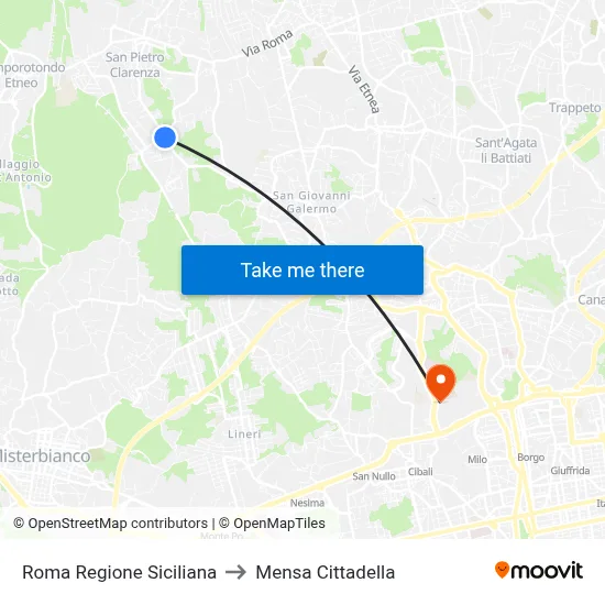 Roma Sicilian Region to Cittadella Cafeteria map