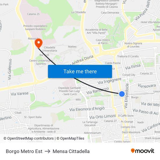 Borgo Metro Est to Mensa Cittadella map