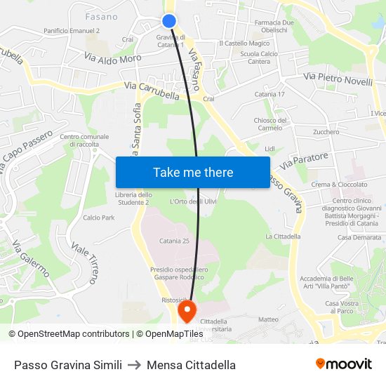 Passo Gravina Simili to Mensa Cittadella map