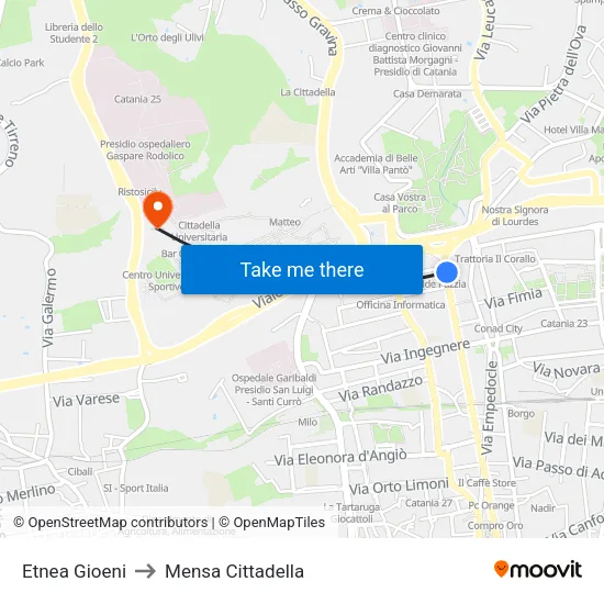 Etnea Gioeni to Mensa Cittadella map