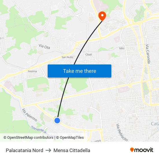 Palacatania Nord to Mensa Cittadella map