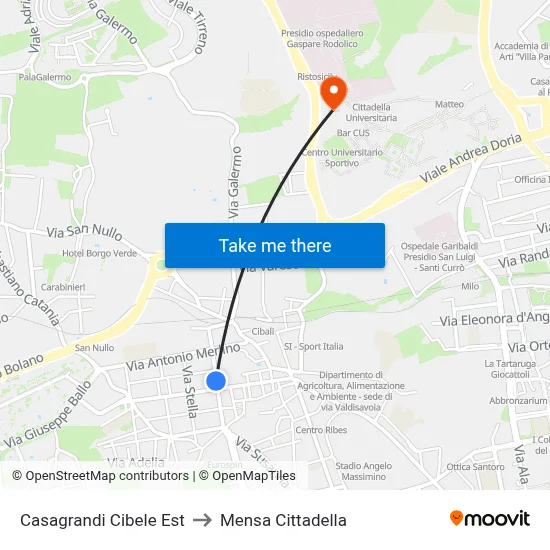Casagrandi Cibele East to Cittadella Cafeteria map