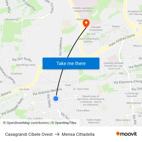 Casagrandi Cibele West to Cittadella Cafeteria map