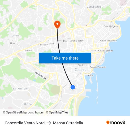 Concordia Vento Nord to Mensa Cittadella map