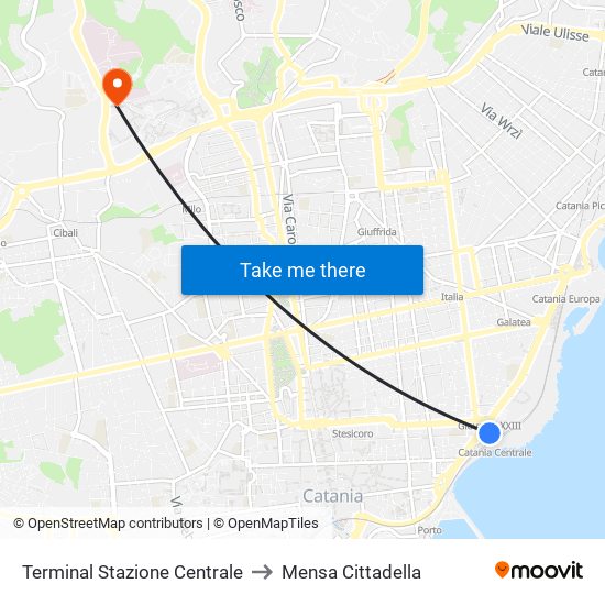 Terminal Stazione Centrale to Mensa Cittadella map