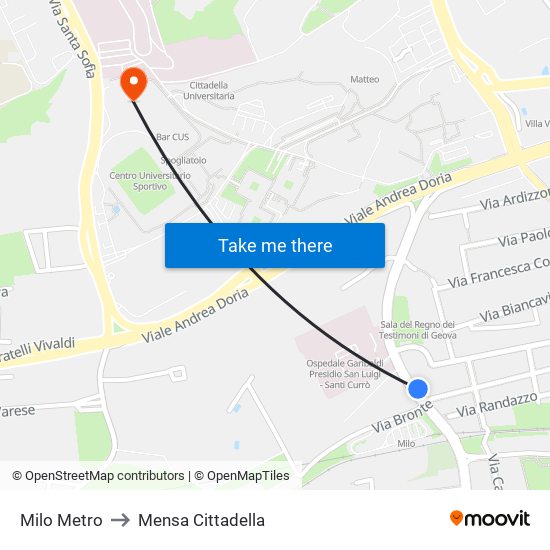 Milo Metro to Mensa Cittadella map