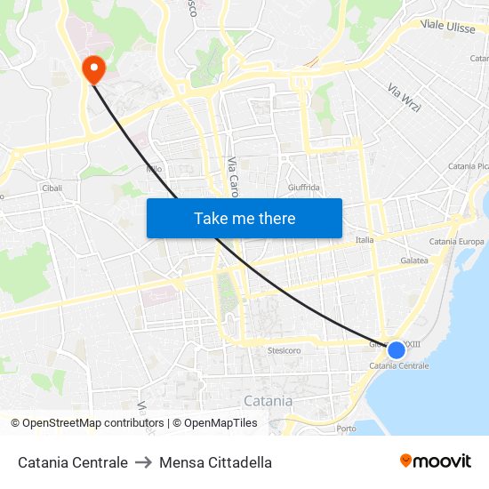 Catania Centrale to Mensa Cittadella map