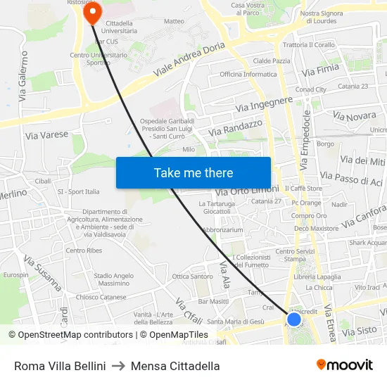 Roma Villa Bellini to Cittadella Cafeteria map