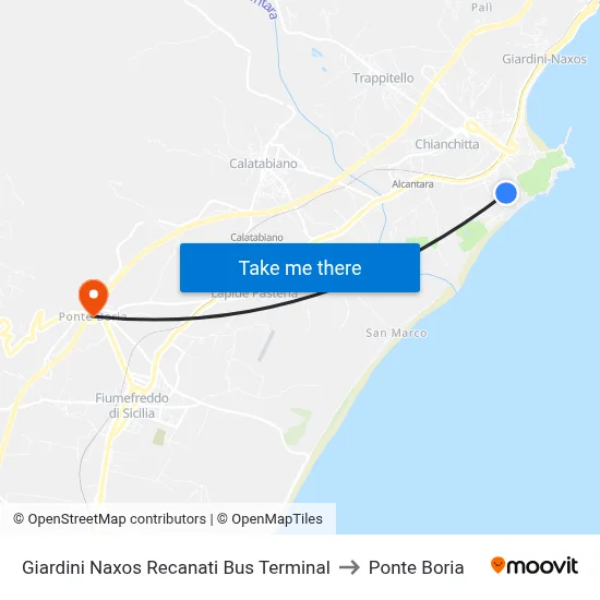 Giardini Naxos Recanati Bus Terminal to Ponte Boria map