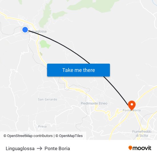 Linguaglossa to Ponte Boria map