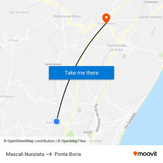 Mascali Nunziata to Ponte Boria map