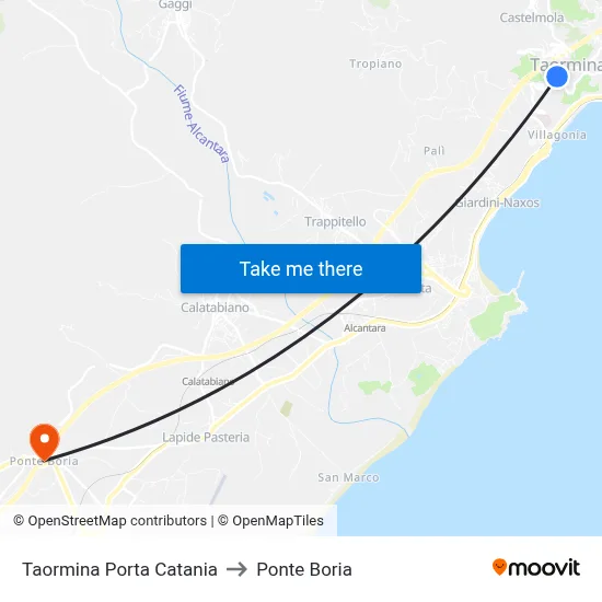 Taormina Porta Catania to Ponte Boria map