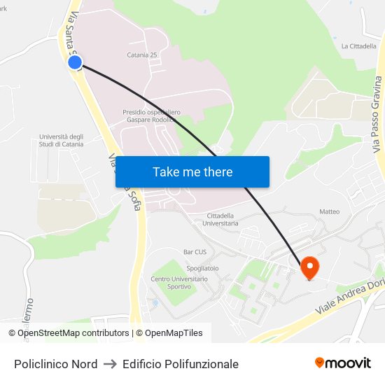 Policlinico Nord to Edificio Polifunzionale map