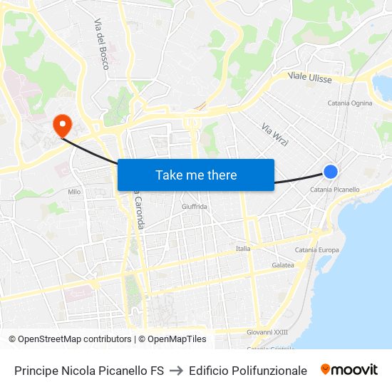 Principe Nicola Picanello FS to Edificio Polifunzionale map
