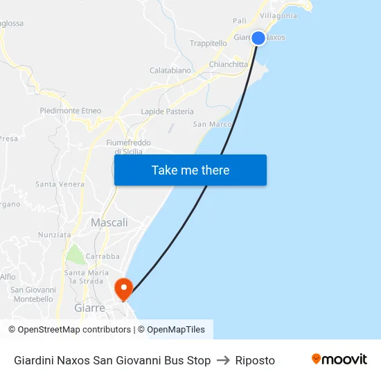 Giardini Naxos San Giovanni Bus Stop to Riposto map