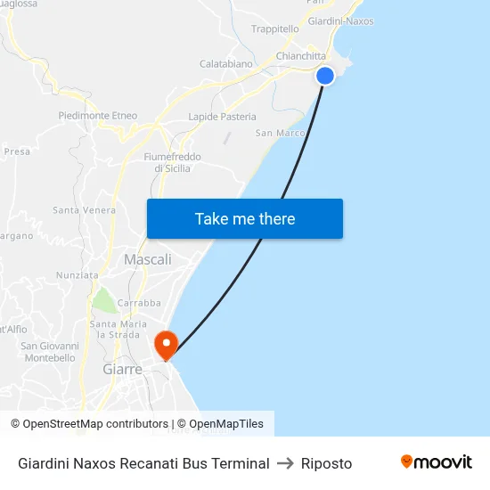 Giardini Naxos Recanati Bus Terminal to Riposto map