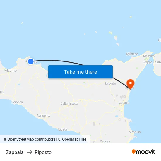 Zappala to Riposto map