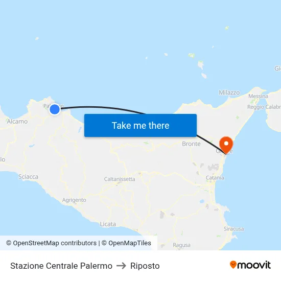 Palermo Central Station to Riposto map