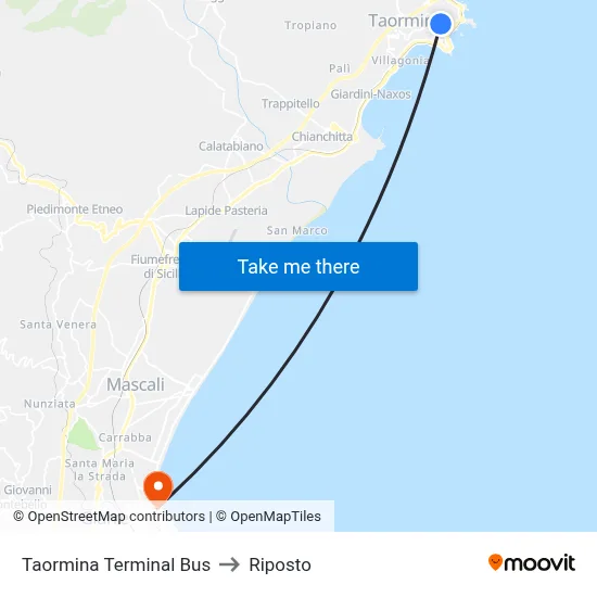 Taormina Bus Terminal to Riposto map