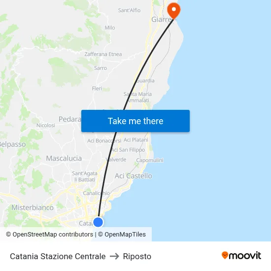 Catania Central Station to Riposto map