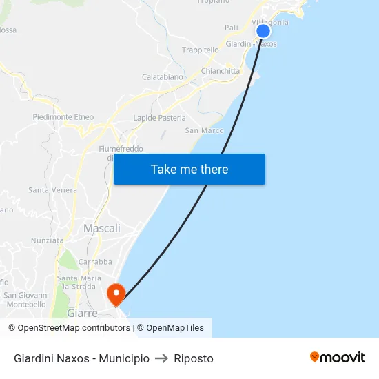 Giardini Naxos - City Hall to Riposto map