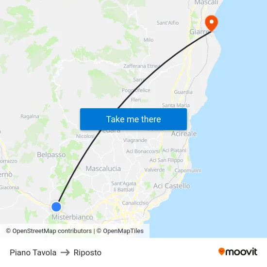 Piano Tavola to Riposto map