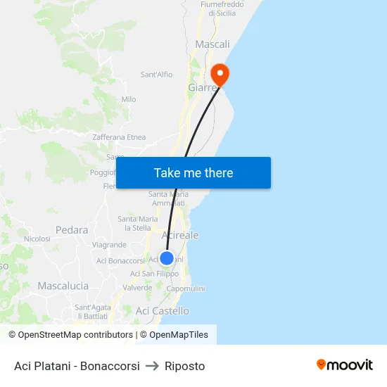 Aci Platani - Bonaccorsi to Riposto map