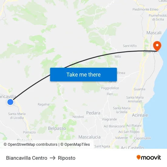 Biancavilla Center to Riposto map