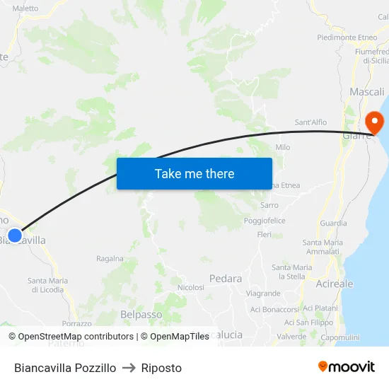 Biancavilla Pozzillo to Riposto map