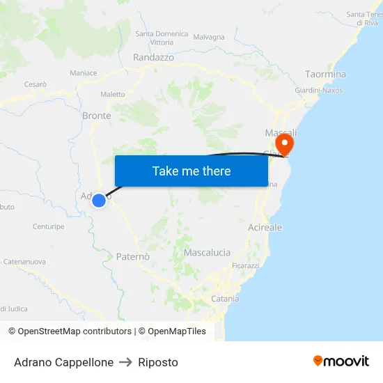 Adrano Cappellone to Riposto map