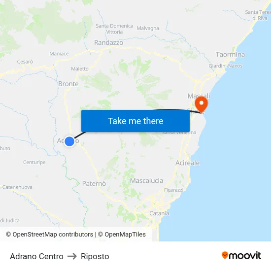 Adrano Center to Riposto map